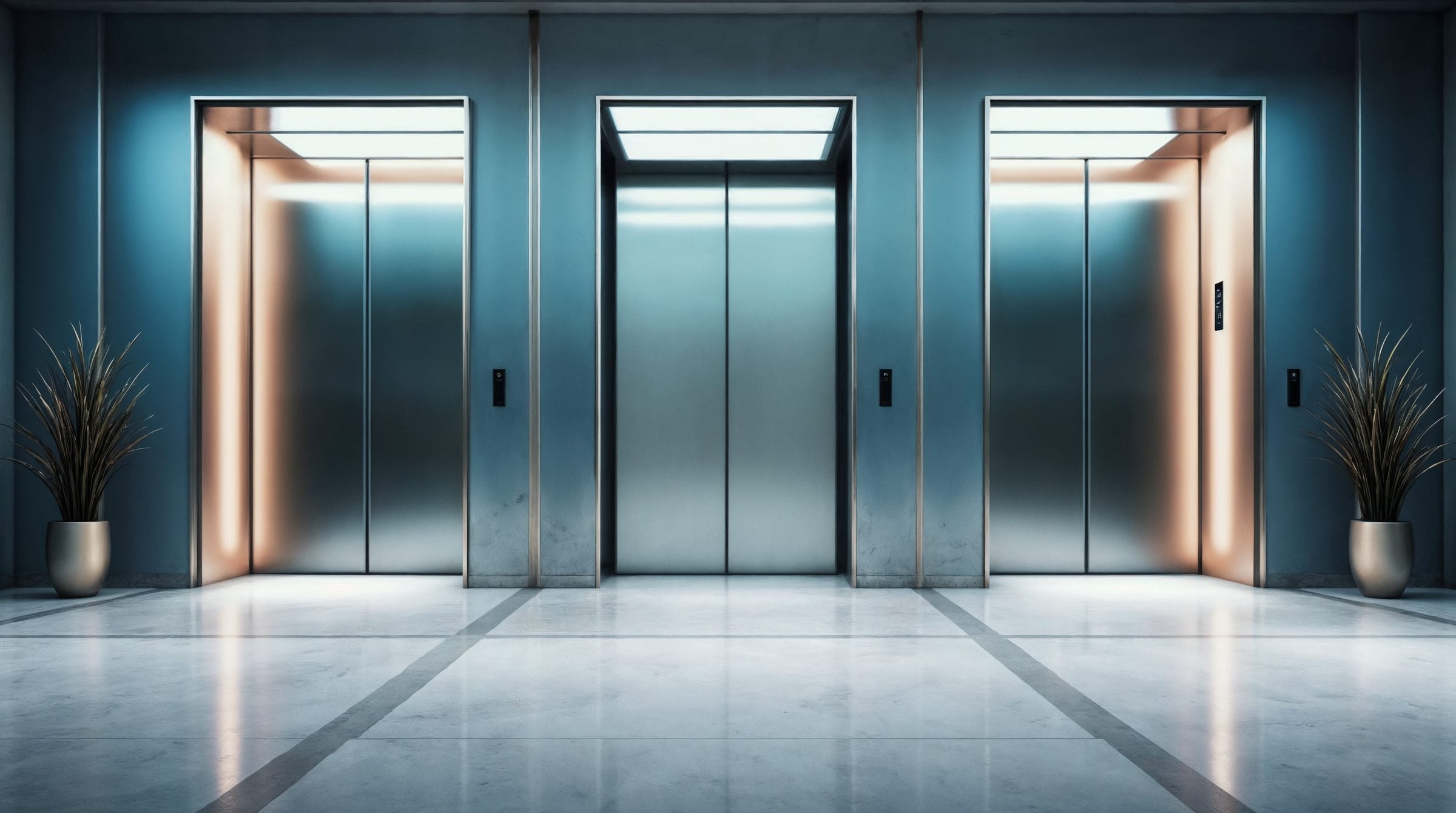 Atrio con tre ascensori dalle porte in acciaio